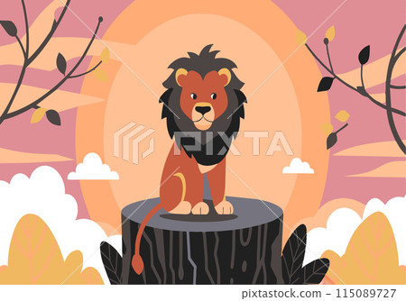 A cartoon lion is sitting on a log in front of a sunset 115089727