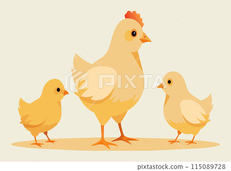 Three chickens standing in a row, one of which is a mother 115089728