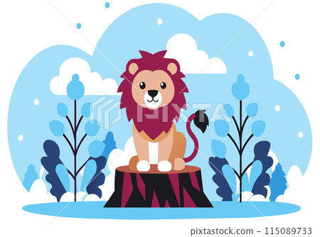 A lion is sitting on a log in a forest A lion is sitting on a log in a forest 115089733