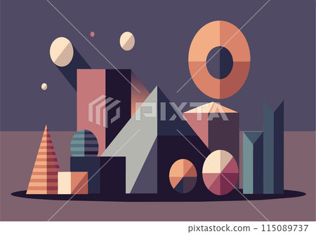 A colorful abstract drawing of various shapes and sizes, including cubes A colorful abstract drawing of various shapes and sizes, including cubes 115089737