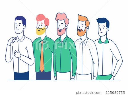 A group of men are standing in a line, with one of them wearing a tie 115089755