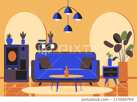 A blue couch sits in front of a coffee table with a bottle on it A blue couch sits in front of a coffee table with a bottle on it 115089764
