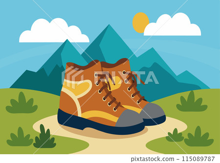 A pair of brown hiking boots are on a path in front of a mountain 115089787