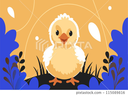 A cartoon chicken is standing in a field of grass A cartoon chicken is standing in a field of grass 115089816