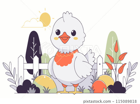 A cartoon chicken is standing in a garden with a fence behind it 115089818