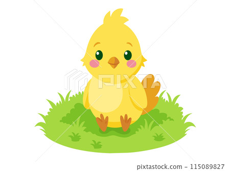 A cartoon chicken is sitting on a green field 115089827