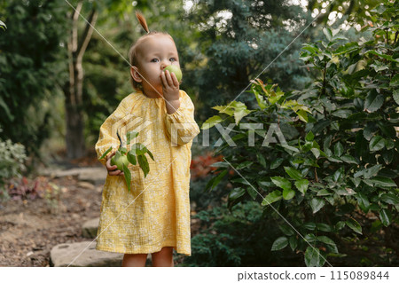 Cute child girl eat apple fruit. Little girl close up in summer garden. Cute child girl eat apple fruit. Little girl close up in summer garden. 115089844