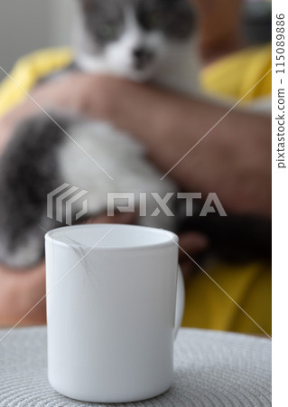 Woman sits at a kitchen table with a cat in her hands and drinks tea with cats hair on a cup. Selective focus. Woman sits at a kitchen table with a cat in her hands and drinks tea with cats hair on a cup. Selective focus. 115089886