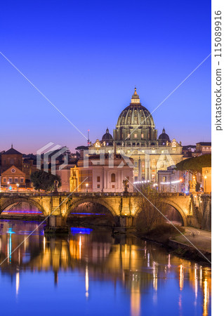 St. Peter's Basilica in Vatican City with the Tiber River passing through Rome, Italy St. Peter's Basilica in Vatican City with the Tiber River passing through Rome, Italy 115089916