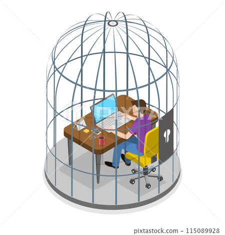 3D Isometric Flat Illustration of Man and Woman In Birdcage, Frustration, Overworking and Business Problem. Item 2 115089928