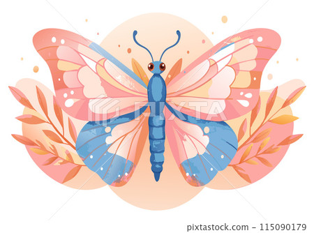 A butterfly with blue wings and pink body is sitting on a leaf A butterfly with blue wings and pink body is sitting on a leaf 115090179