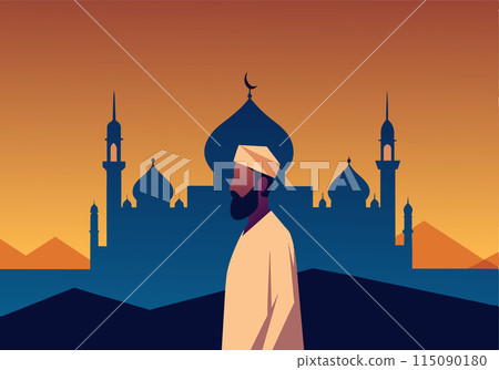 A man wearing a white robe walks in front of a large building with a blue sky in 115090180