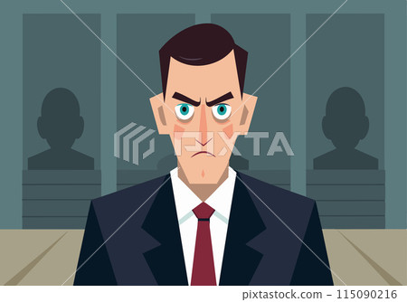 A cartoonish man with a blue tie and a blue suit is sitting in a courtroom 115090216