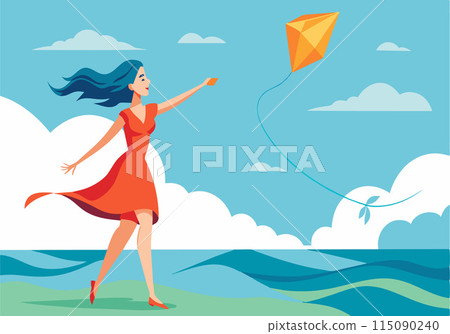 A woman in a red dress is flying a kite on a beach 115090240