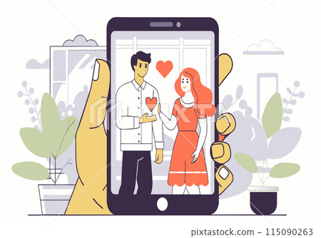 A man and woman are holding hands and looking at a phone screen A man and woman are holding hands and looking at a phone screen 115090263