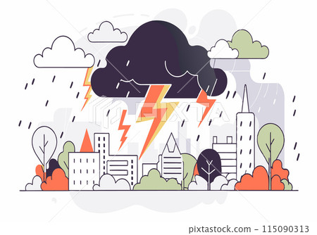 A cartoon drawing of a city with a storm cloud and lightning A cartoon drawing of a city with a storm cloud and lightning 115090313