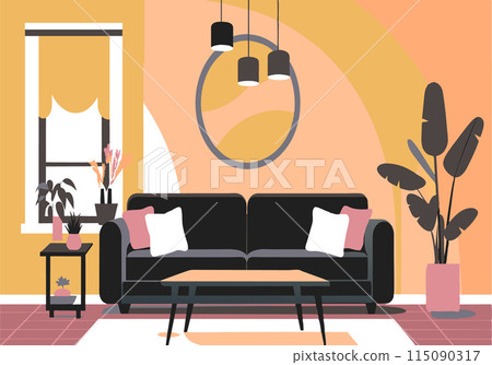 A black couch sits in front of a mirror and a potted plant A black couch sits in front of a mirror and a potted plant 115090317
