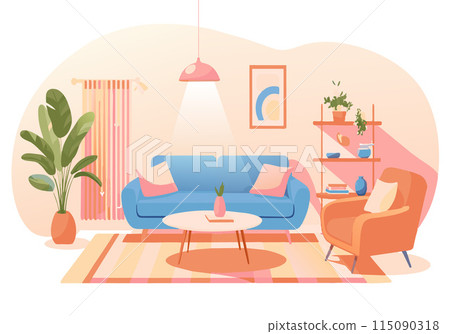 A living room with a blue couch, a coffee table, and a potted plant 115090318
