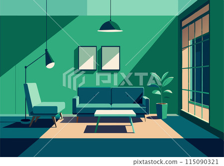 A living room with a green wall and a blue couch 115090321