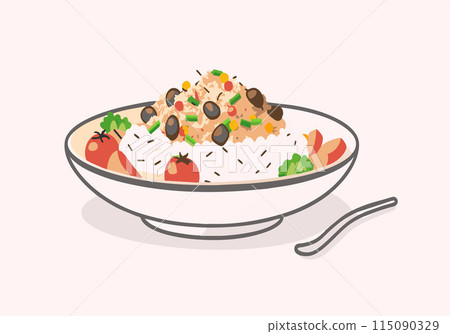 A plate of food with rice, tomatoes, and broccoli A plate of food with rice, tomatoes, and broccoli 115090329