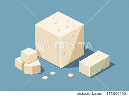 A white block of cheese sits on a blue background 115090360