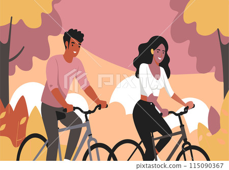 A man and a woman are riding bicycles in a forest A man and a woman are riding bicycles in a forest 115090367
