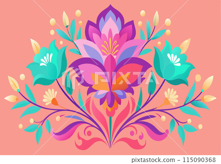 A colorful flower with green leaves and pink petals 115090368