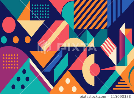 A colorful abstract painting with many shapes and patterns 115090388