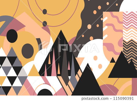 A colorful abstract painting with mountains and triangles A colorful abstract painting with mountains and triangles 115090391