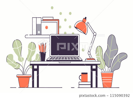 A desk with a laptop, a lamp, and a potted plant 115090392