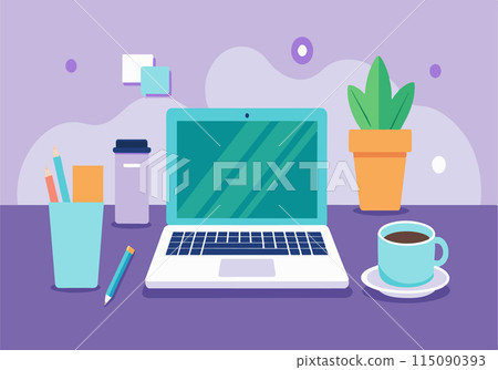 A laptop is on a table with a cup of coffee and a potted plant A laptop is on a table with a cup of coffee and a potted plant 115090393