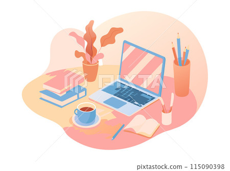 A laptop is on a table with a cup of coffee and a book A laptop is on a table with a cup of coffee and a book 115090398