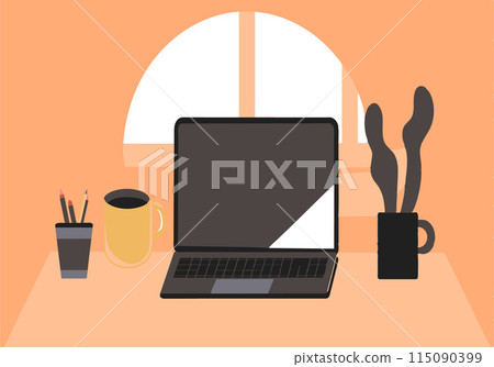 A laptop is on a table with a cup of coffee and a pencil A laptop is on a table with a cup of coffee and a pencil 115090399