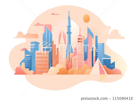 A city skyline with a pyramid in the background 115090418