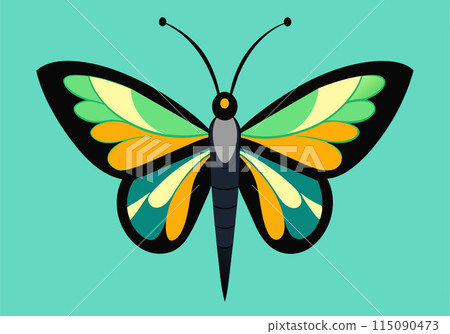 A colorful butterfly with black wings and yellow spots A colorful butterfly with black wings and yellow spots 115090473