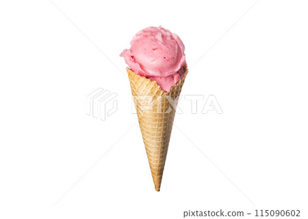 Strawberry pink ice cream waffle cone on white background isolated food photo Strawberry pink ice cream waffle cone on white background isolated food photo 115090602
