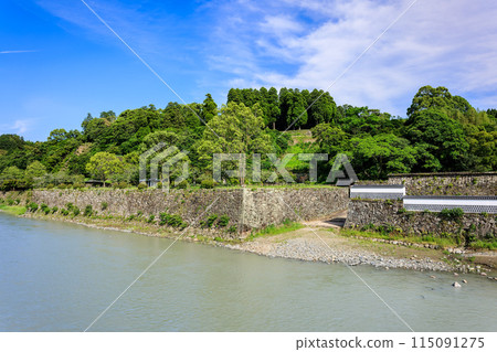 View of Hitoyoshi Castle ruins and Kuma River from Mizunote Bridge 115091275