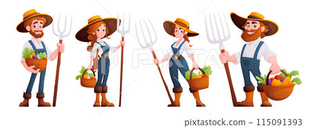 Cartoon mans and girls Farmers Holding Pitchforks and Vegetables 115091393