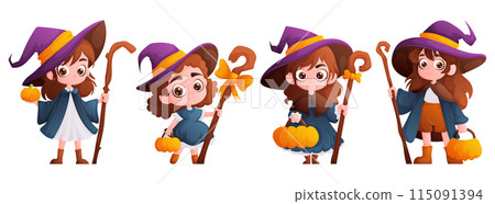 Little Girls in Halloween Witch Costumes with Pumpkins 115091394