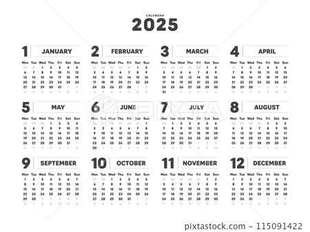 2025 年簡單設計年曆 - 日曆從星期一開始，12 個月，1 年 - A 尺寸比例 115091422