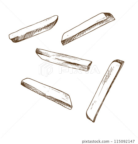 White potato slices, peeled, long sticks for French fries. Graphic illustration hand drawn in brown ink line art on the theme of harvest, cooking, food, vegetable. Set of elements EPS vector White potato slices, peeled, long sticks for French fries. Graphic illustration hand drawn in brown ink line art on the theme of harvest, cooking, food, vegetable. Set of elements EPS vector 115092147