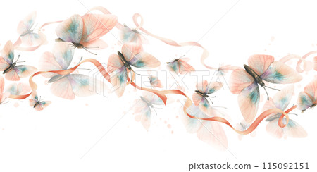 Writhing satin ribbons with flying butterflies in trendy pastel colors peach fuzz and turquoise in a vintage style. Hand drawn watercolor illustration. Seamless board pattern Writhing satin ribbons with flying butterflies in trendy pastel colors peach fuzz and turquoise in a vintage style. Hand drawn watercolor illustration. Seamless board pattern 115092151