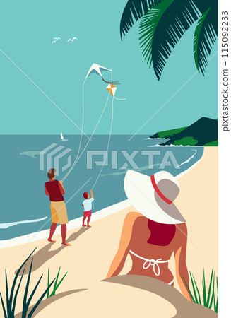 Family summer beach vacation leisure vector poster 115092233