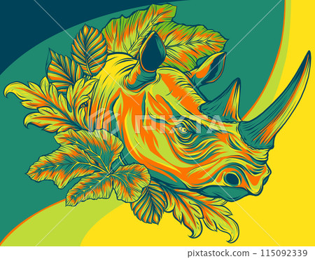 vector illustration of rhinoceros head with leaves 115092339
