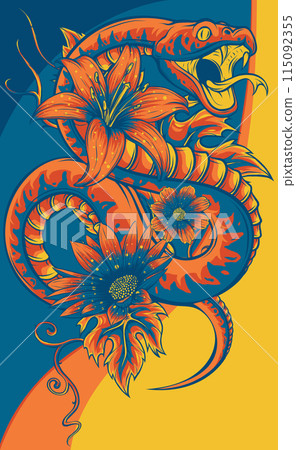 vector illustration of snake with flower and leaves vector illustration of snake with flower and leaves 115092355