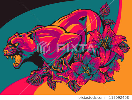 vector illustration of Panther with flowers on white background vector illustration of Panther with flowers on white background 115092408