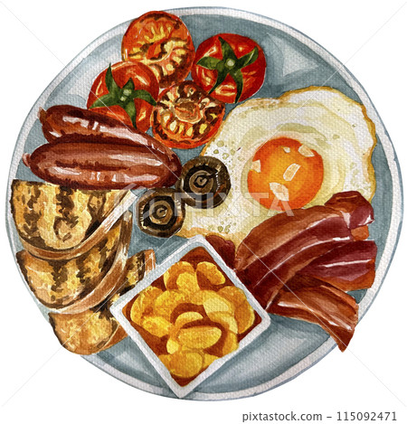 Watercolor elnglish breakfast on plate background. Fried eggs, bacon, toast with butter, tomato, mushrooms, beans in tomato sauce, grilled sausages and. Isolated illustration. Watercolor elnglish breakfast on plate background. Fried eggs, bacon, toast with butter, tomato, mushrooms, beans in tomato sauce, grilled sausages and. Isolated illustration. 115092471