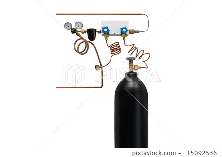 Industrial gas cylinder with valves, gauge, tubing, regulators safe operation Industrial gas cylinder with valves, gauge, tubing, regulators safe operation 115092536