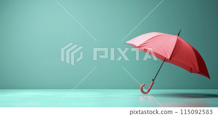 Pink Umbrella Hanging on Blue Wall 115092583
