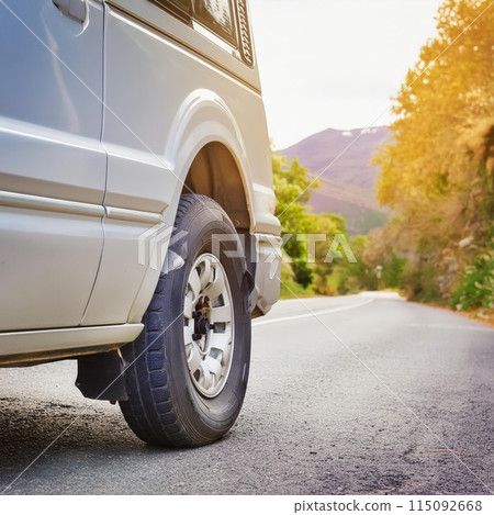 White Car Driving Along Forest Road. Generative AI 115092668